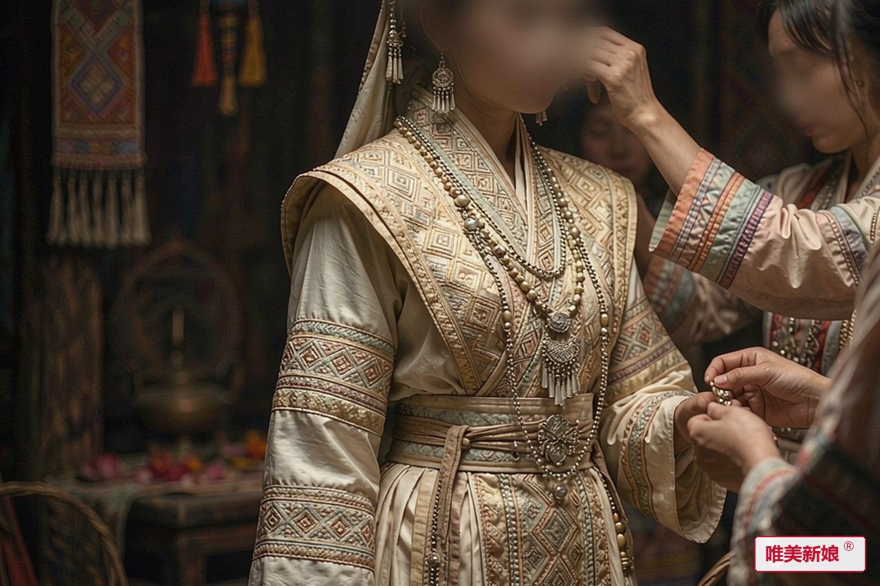 婚礼场景 · 阿昌山寨，新娘着织锦婚服侧身