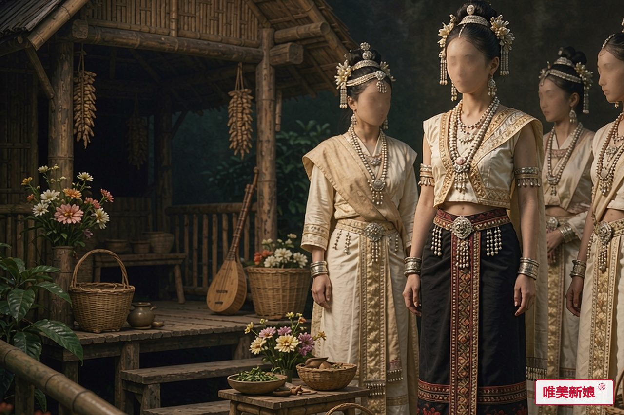婚礼场景 · 布朗茶山竹楼前,新娘着黑红筒裙
