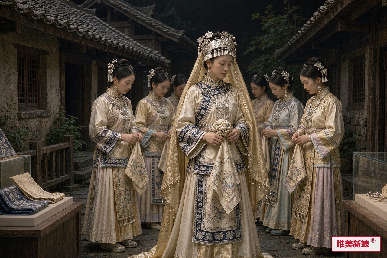 婚礼场景 · 布依村寨石板房前，新娘着蜡染嫁衣