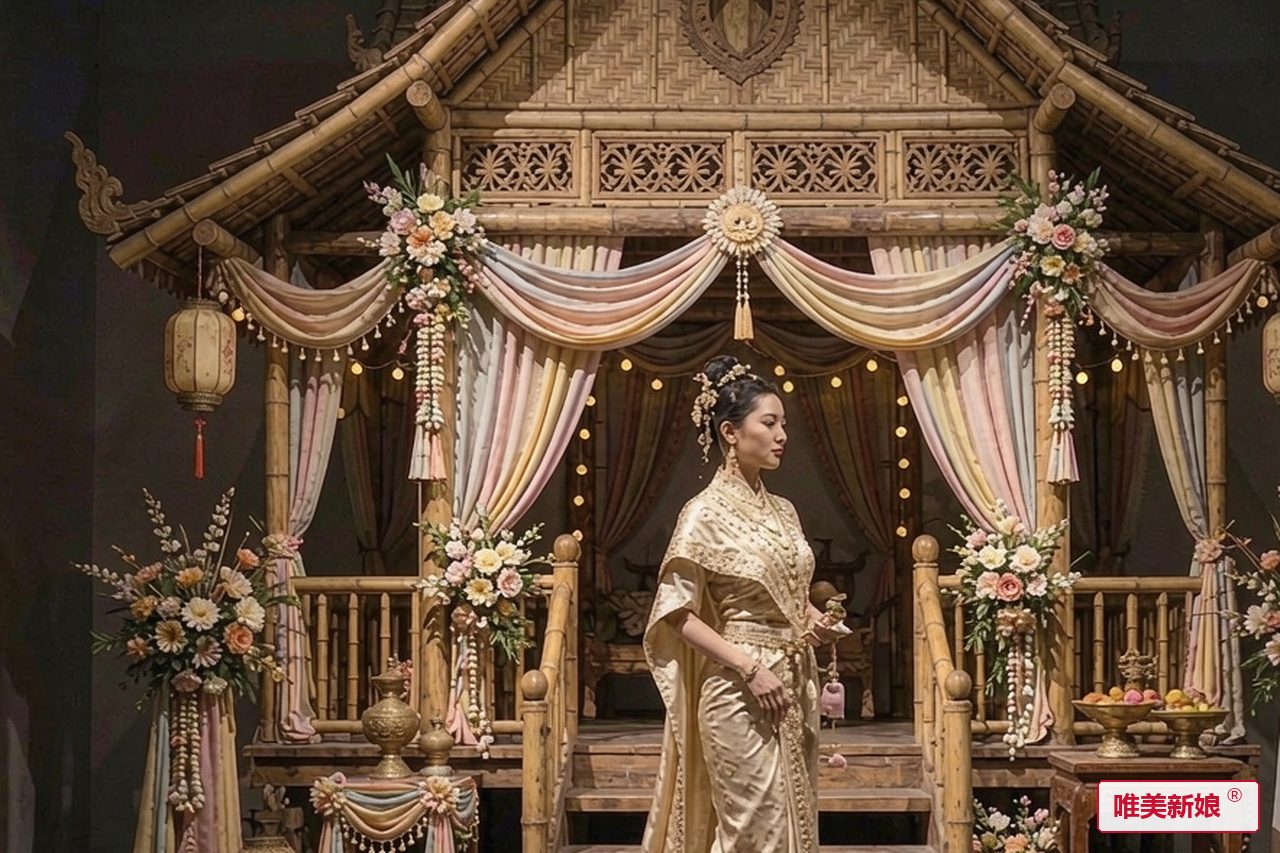 婚礼场景 · 傣家竹楼前,新娘着筒裙侧身而立