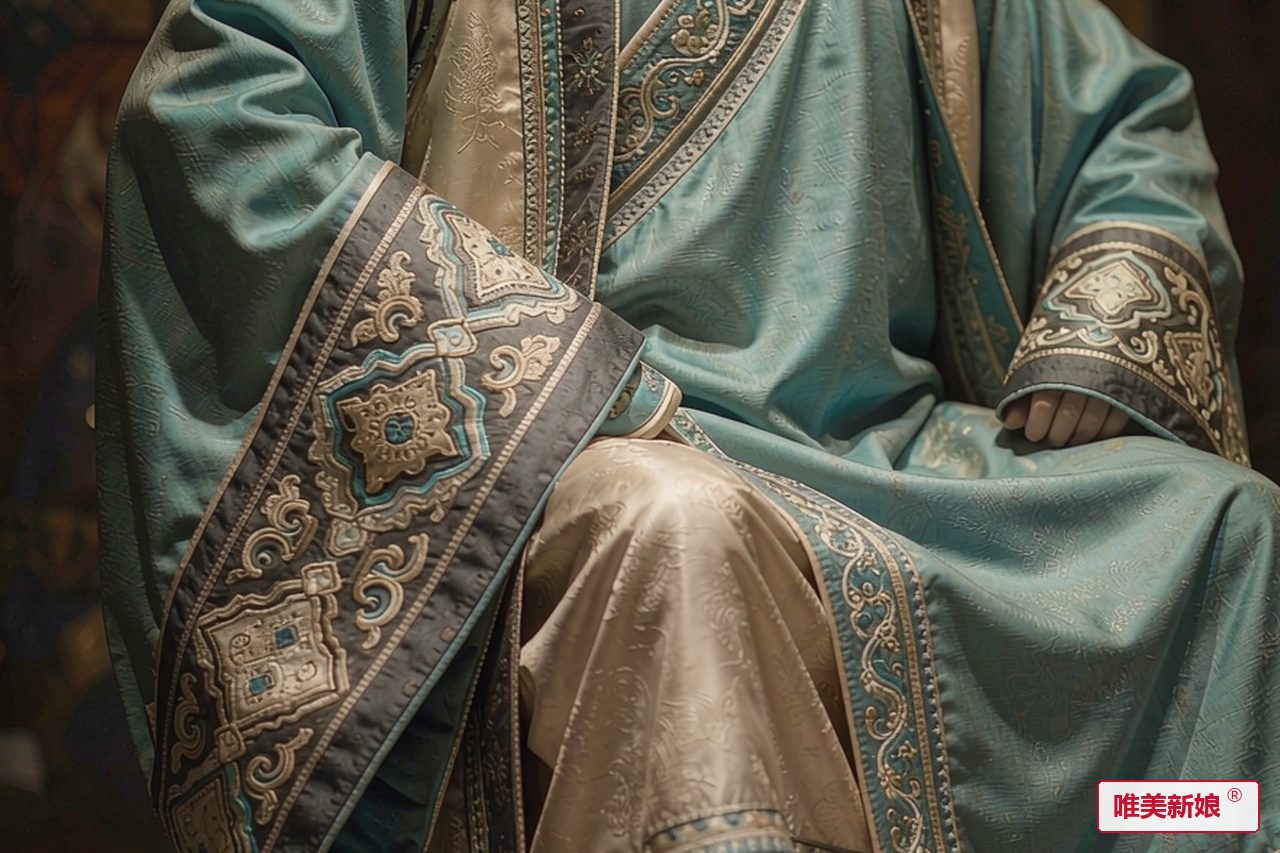 婚服形制 · 青蓝长袍右衽，外罩镶边坎肩，配长裤绣花鞋