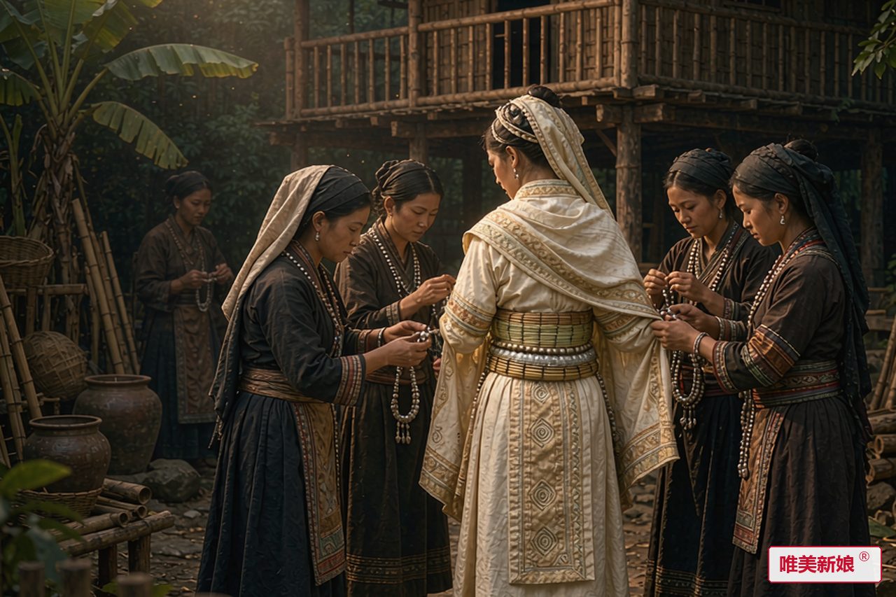 婚礼场景 · 德昂山寨竹楼前，新娘着腰箍婚服