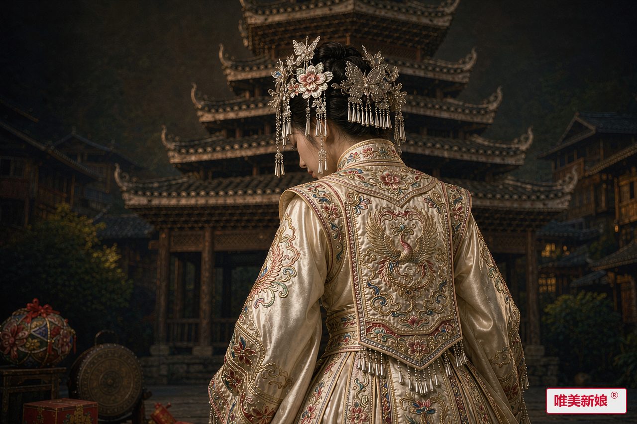 婚礼场景 · 侗寨鼓楼前,新娘着亮布嫁衣