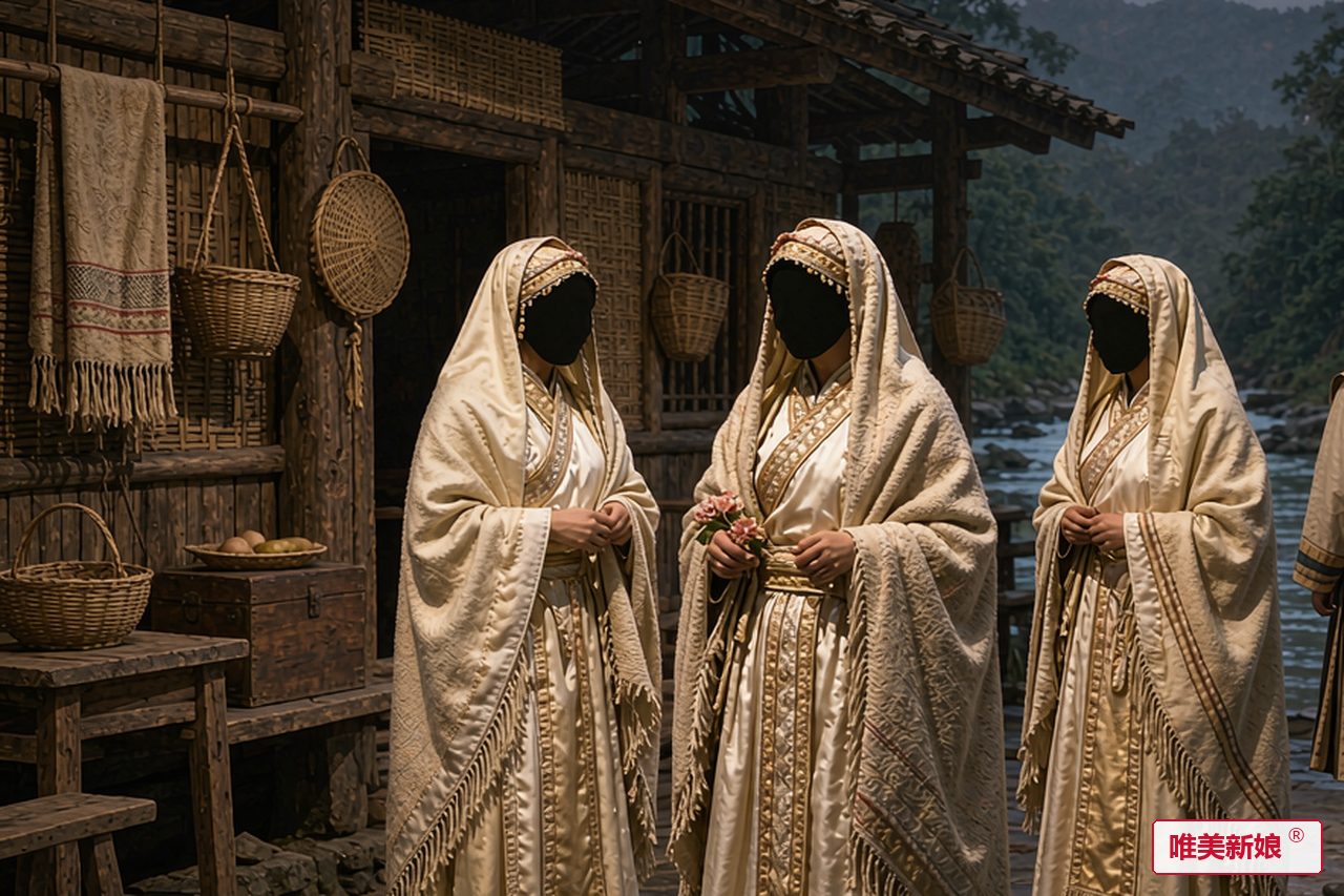 婚礼场景 · 独龙江边木屋前,新娘披独龙毯