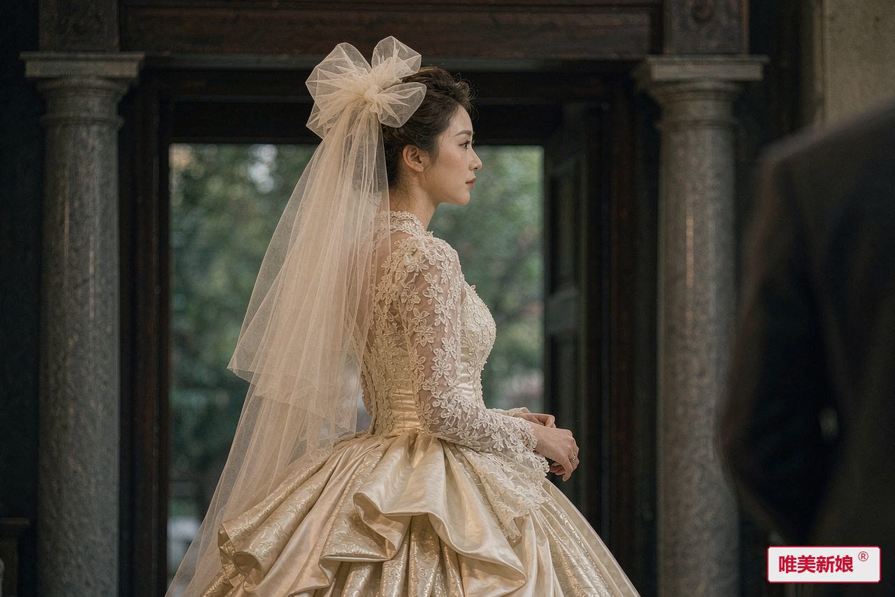 婚礼场景 · 老宅门廊下,新娘着蕾丝长袖婚纱侧身