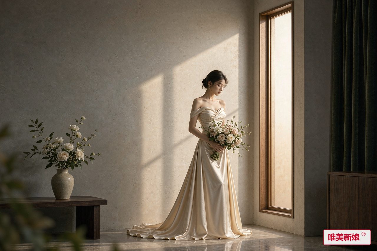 婚礼场景 · 素净墙面前的窗光里,新娘着极简缎面婚纱
