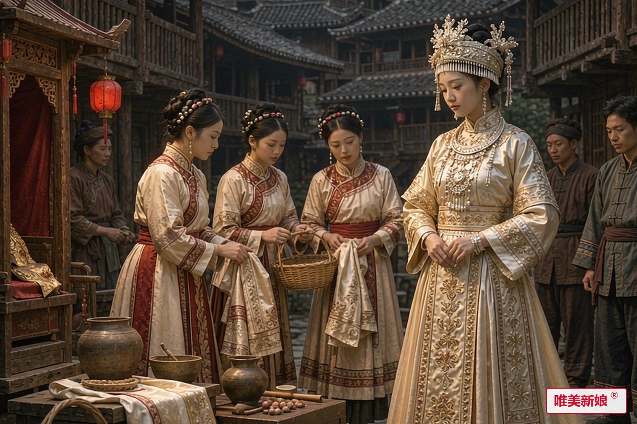 婚礼场景 · 仡佬山寨木楼前，新娘着桶裙嫁衣