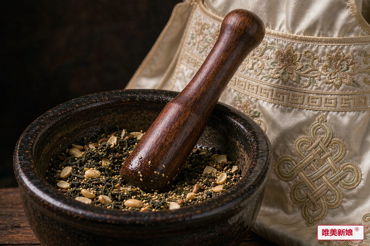 工艺纹样 · 擂茶研磨，茶叶花生芝麻在陶擂钵中被木擂棍研开
