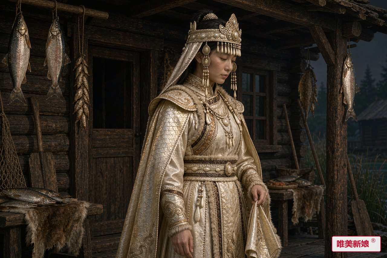 婚礼场景 · 江边渔村木屋前，新娘着鱼皮婚服侧身