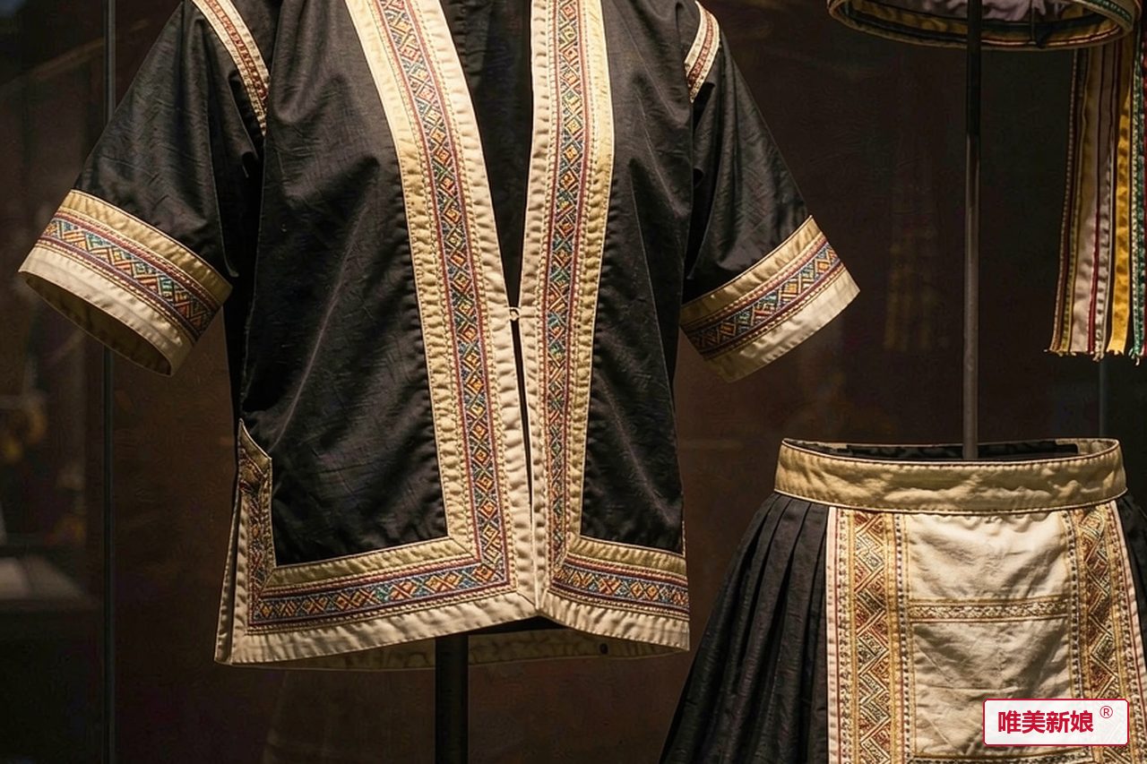 婚服形制 · 黑布对襟短衫镶彩边,配短裙与方形围腰,头戴条头帽