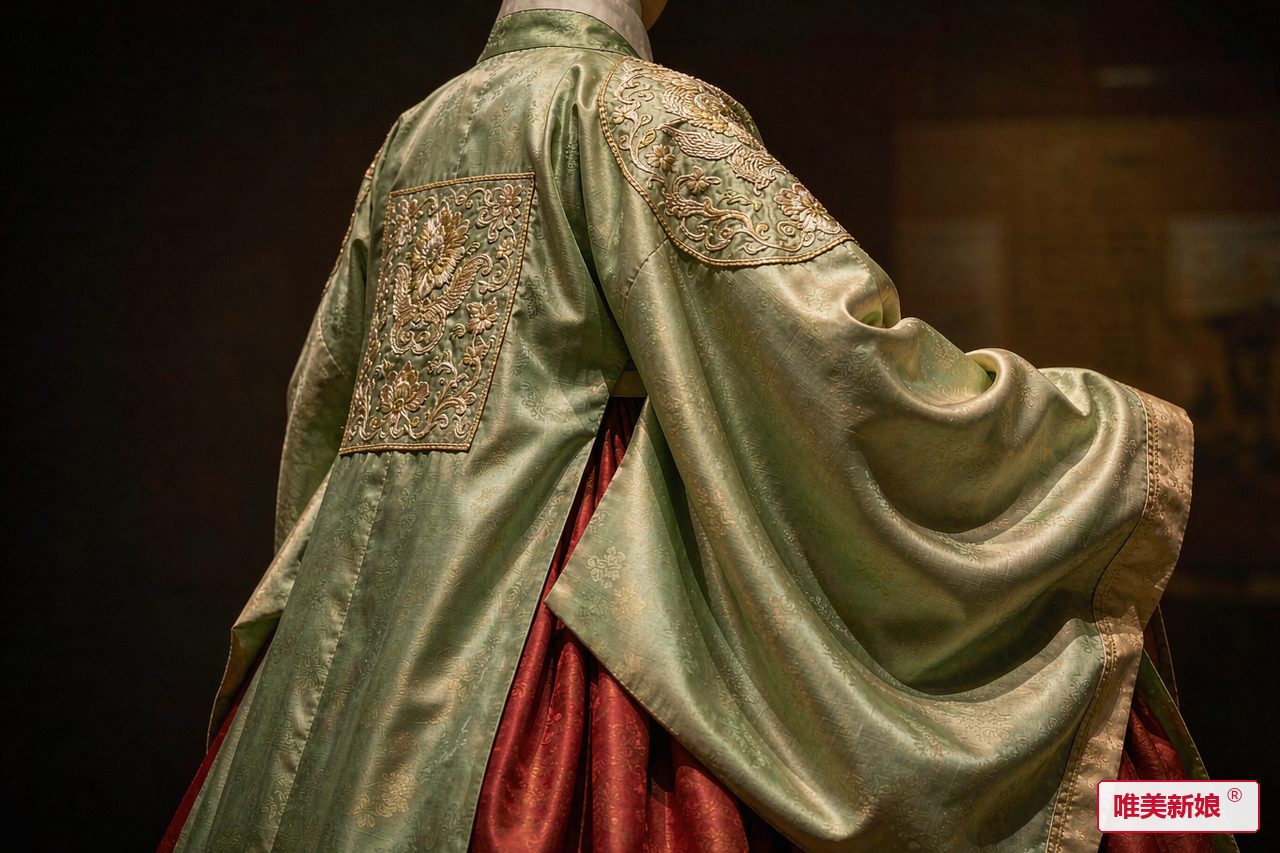 婚服形制 · 绿色圆领大袖阔衣，肩背缀补子，袍下衬一条红裙