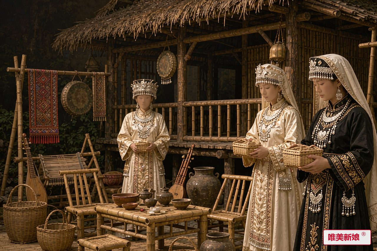 婚礼场景 · 拉祜山寨竹楼前,新娘着黑布长衫