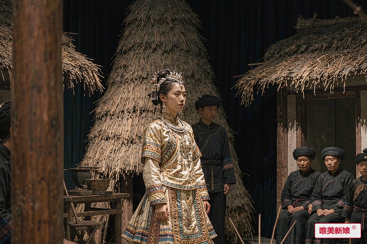 婚礼场景 · 椰林村寨船形屋前,新娘着黎锦婚服