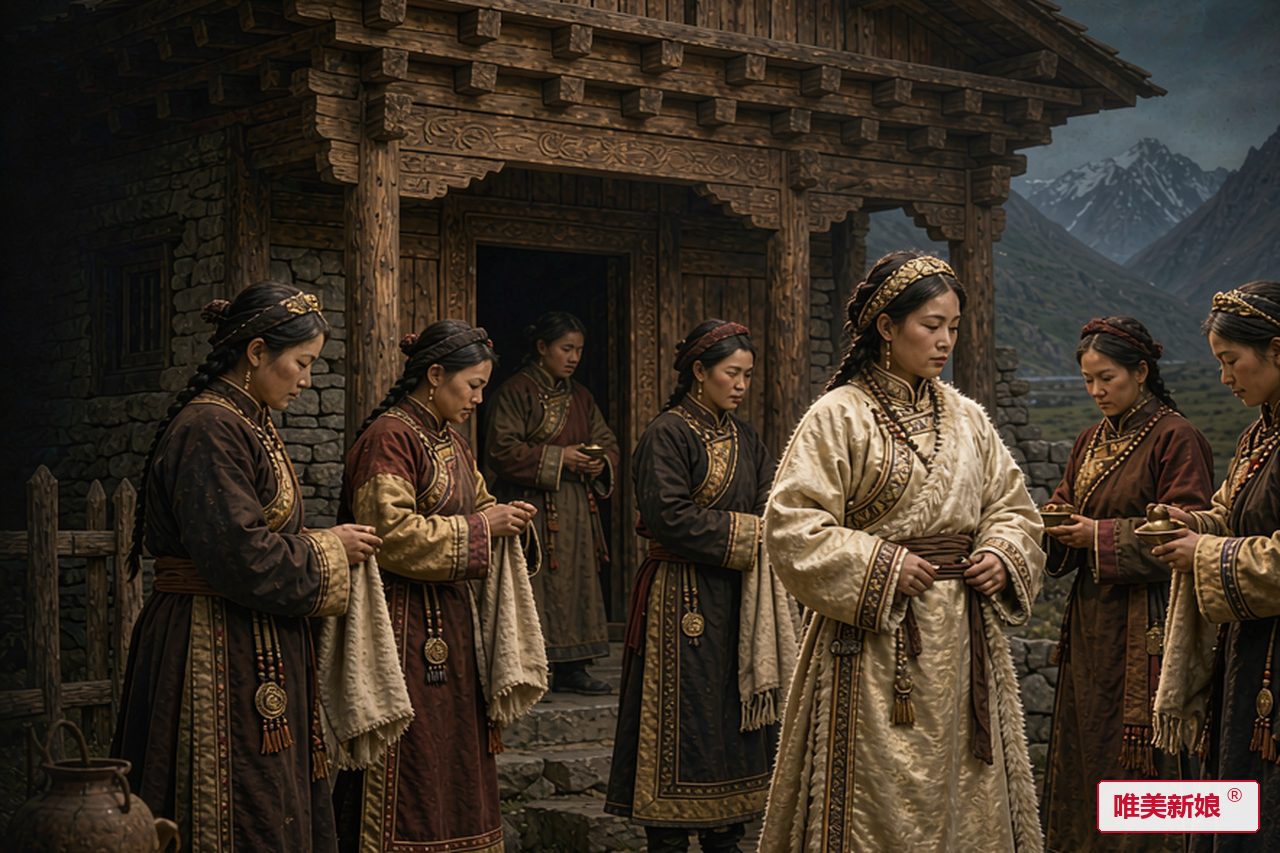 婚礼场景 · 喜马拉雅山谷木楼前,新娘着氆氇长袍