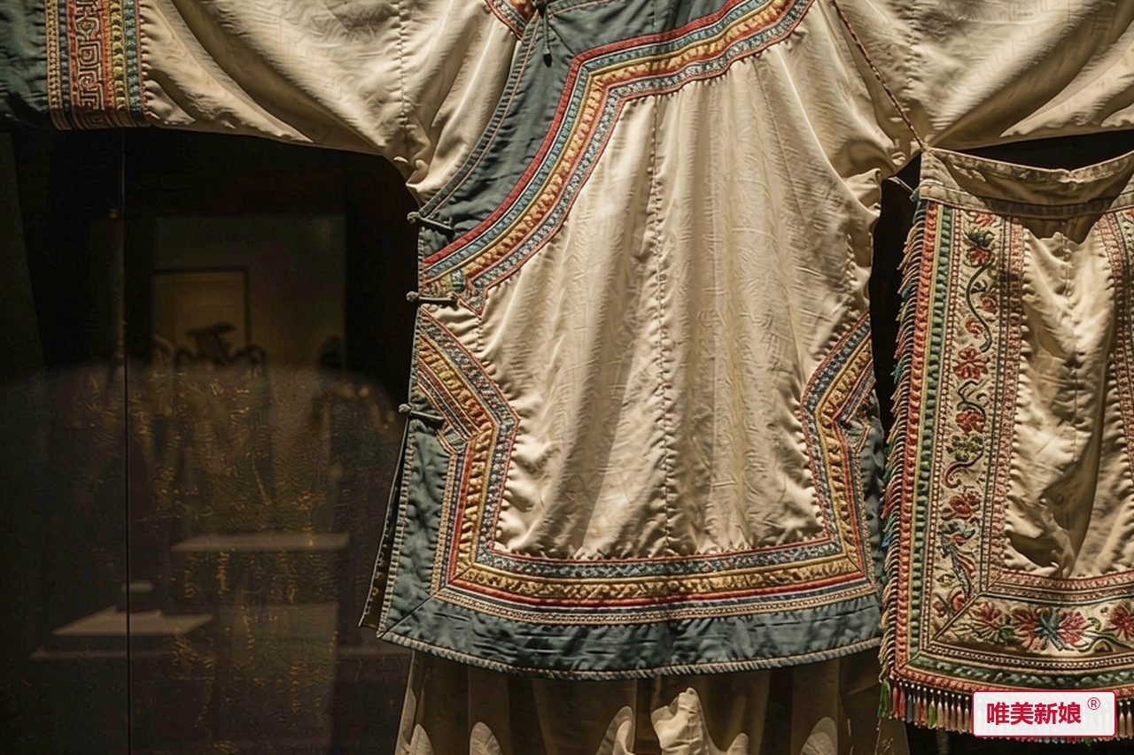 婚服形制 · 青布右衽上衣滚彩边,配长裤与绣花围腰