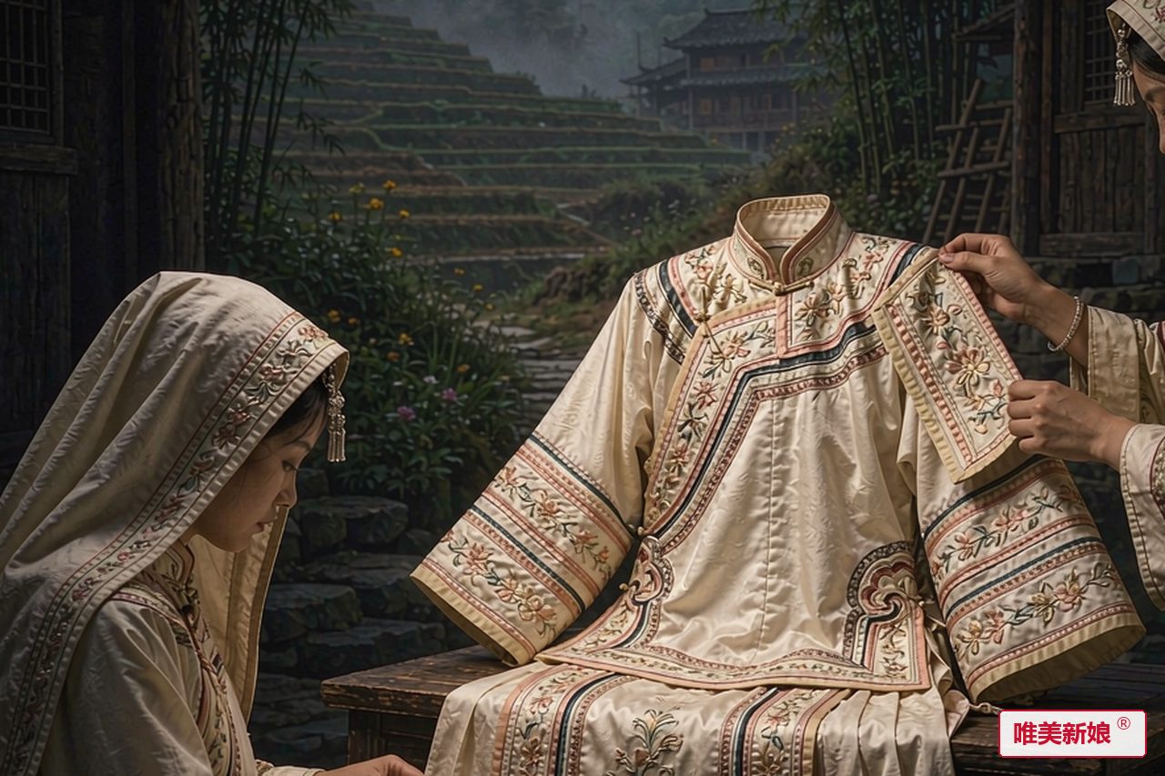 婚礼场景 · 仫佬山乡坡前,新娘着滚边绣花嫁衣