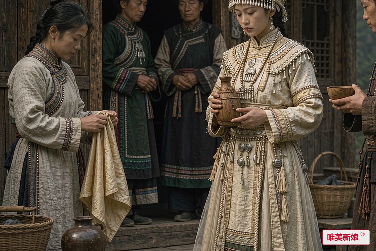 婚礼场景 · 怒江边山坡木屋前，新娘着麻布婚服