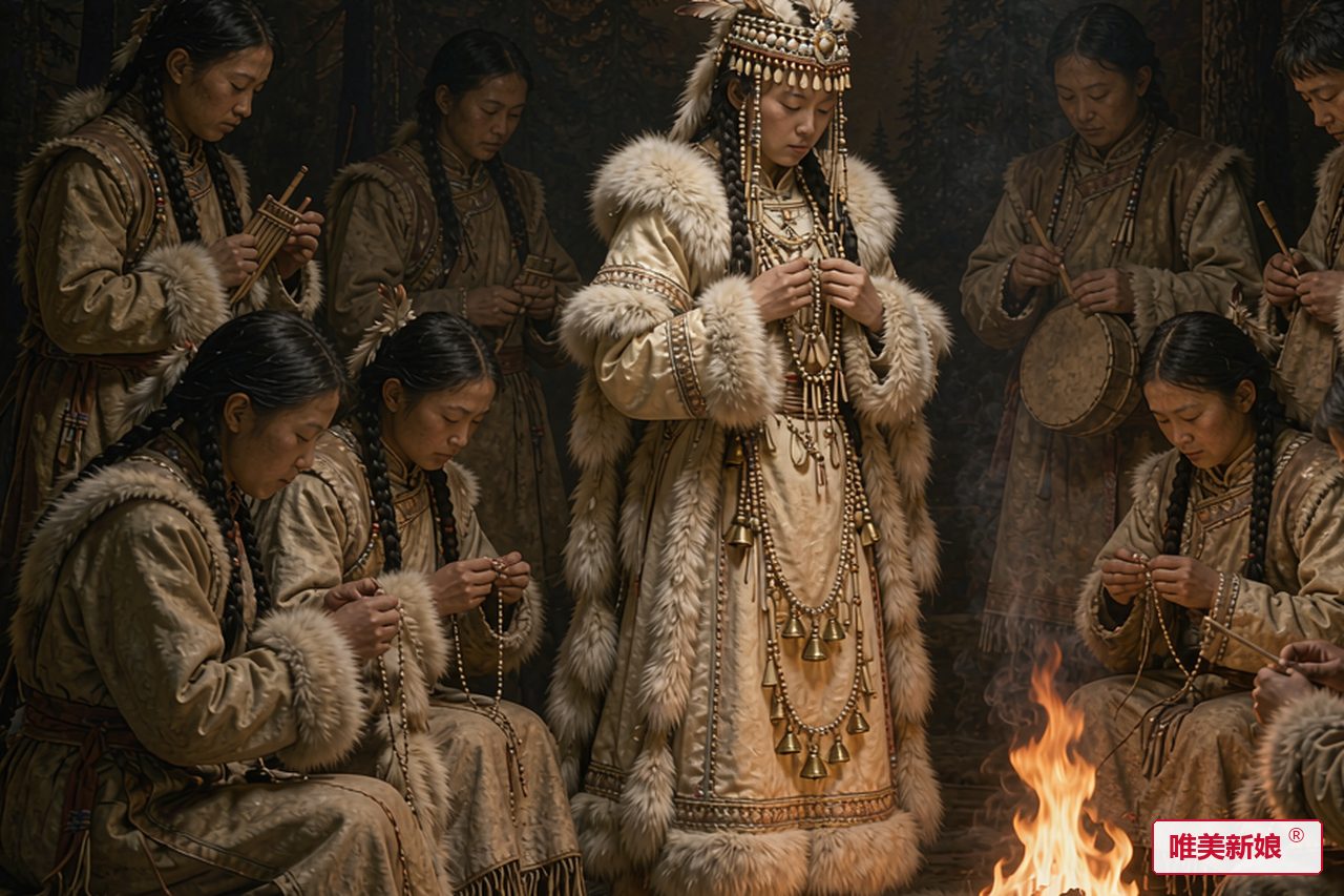 婚礼场景 · 兴安岭篝火旁，新娘着狍皮婚服