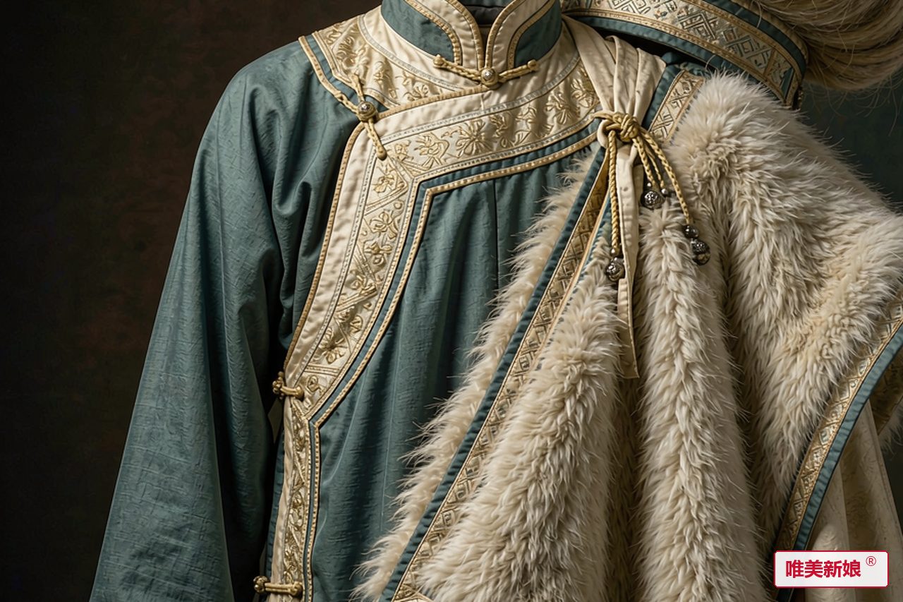 婚服形制 · 青布长衫外披羊皮披肩，头盘牦牛尾大包头