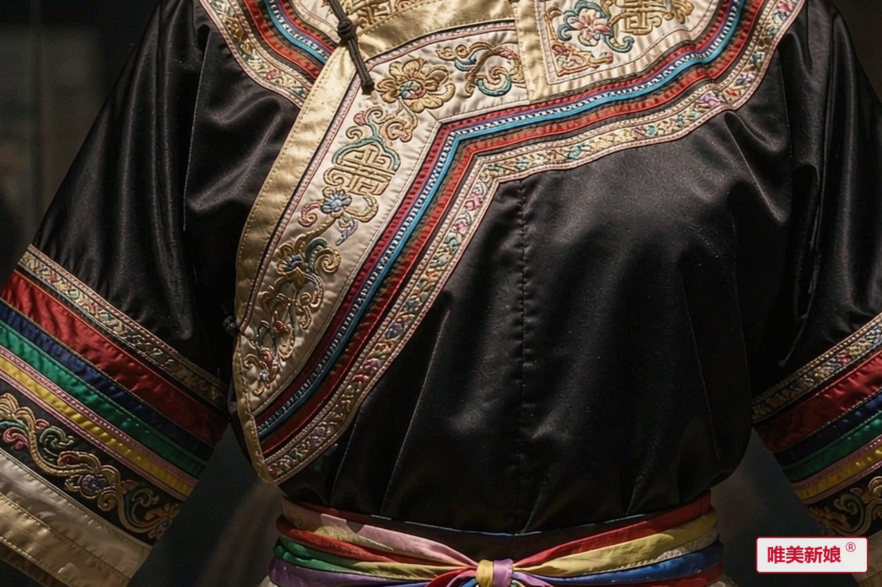 婚服形制 · 黑色大襟上衣镶彩色滚边，配短裙与彩带