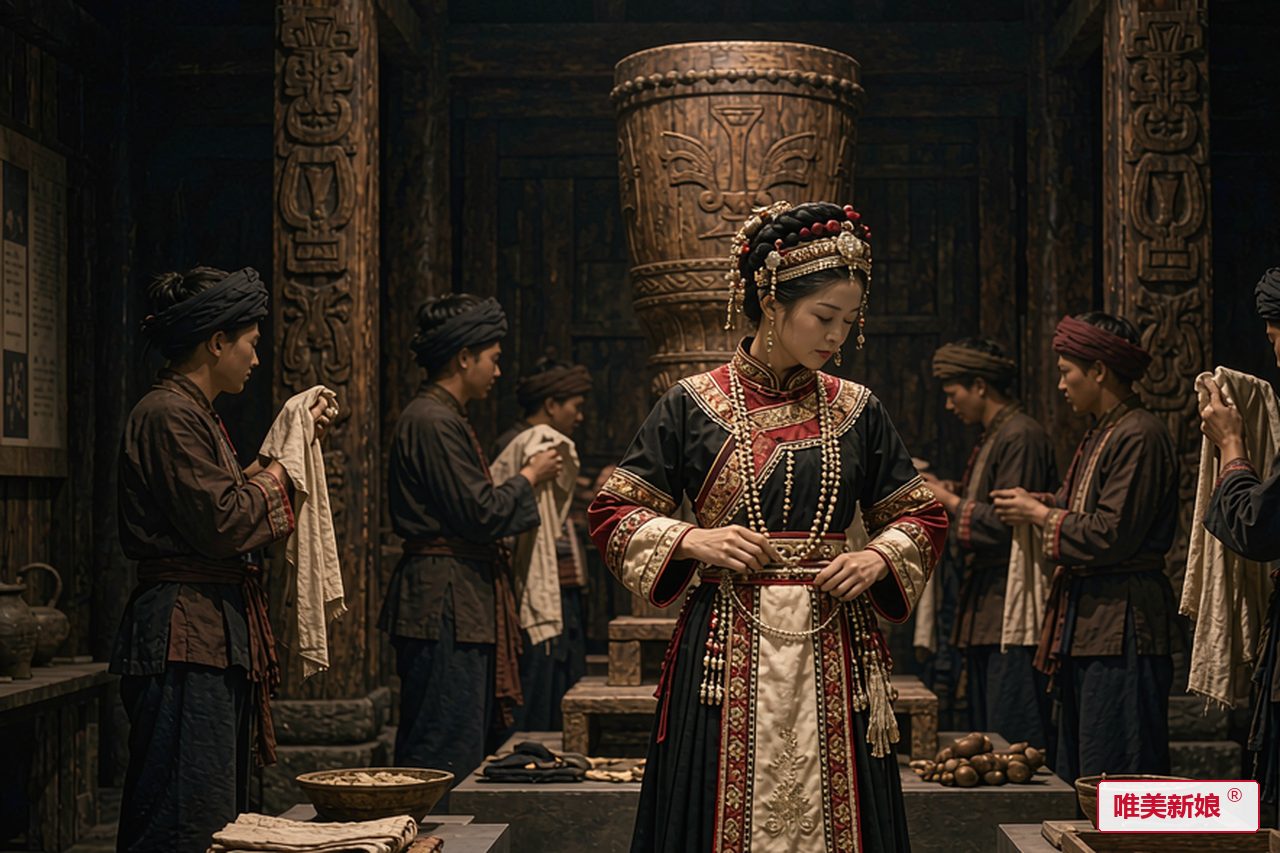 婚礼场景 · 阿佤山木鼓房前，新娘着黑红婚服