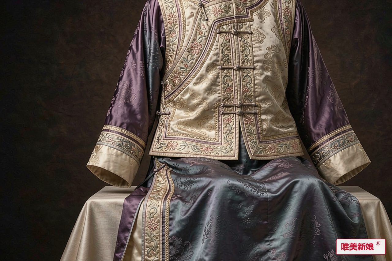 婚服形制 · 青紫长袍右衽,外罩坎肩,配绣花鞋