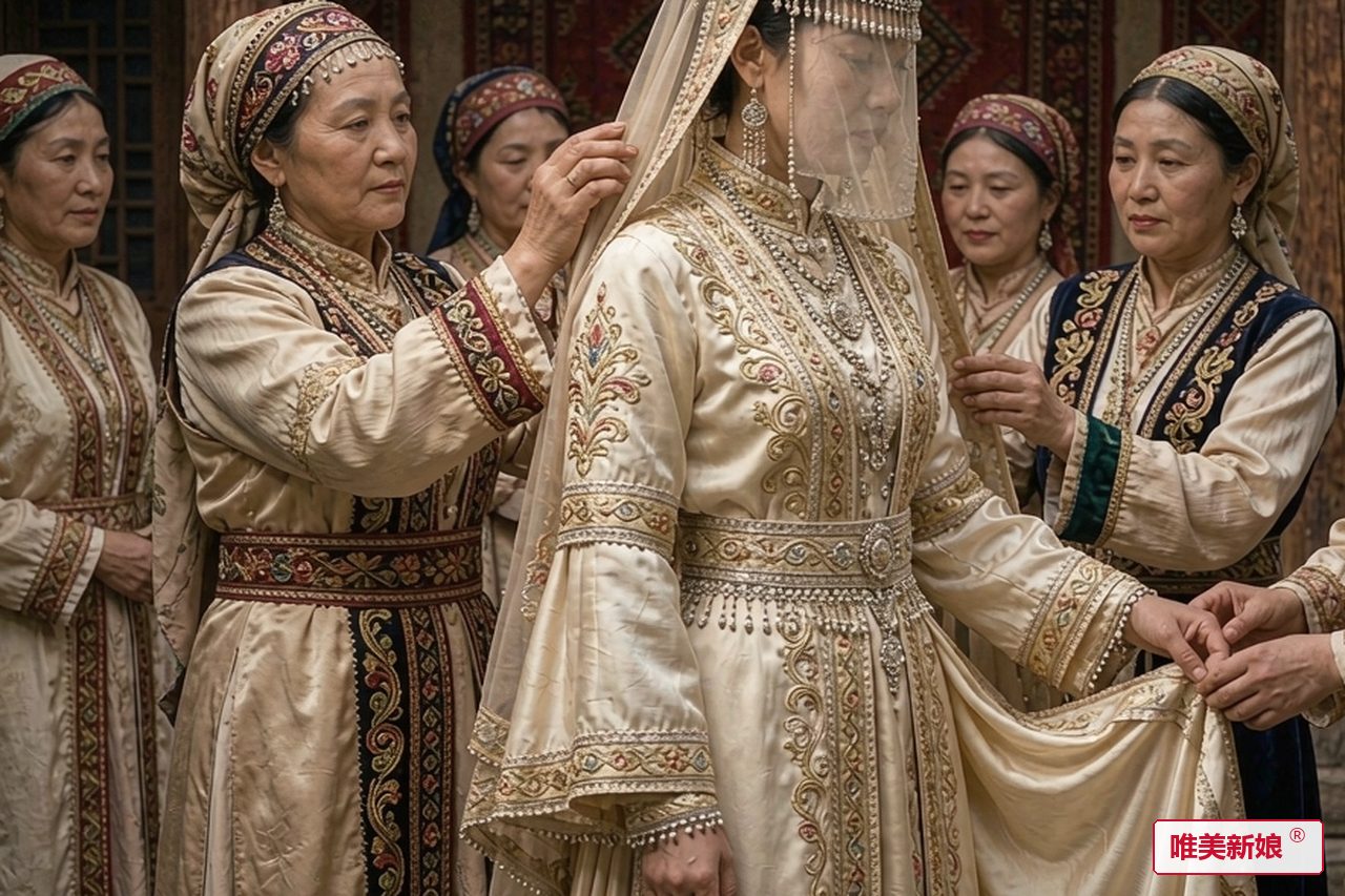 婚礼场景 · 伊犁锡伯院落,新娘着长袍侧身