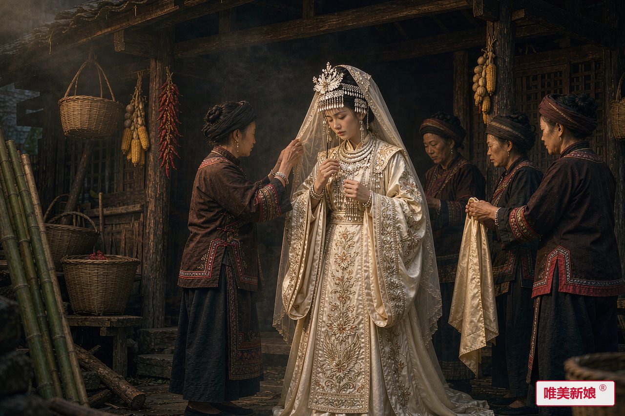 婚礼场景 · 瑶山竹楼前,新娘着绣花嫁衣