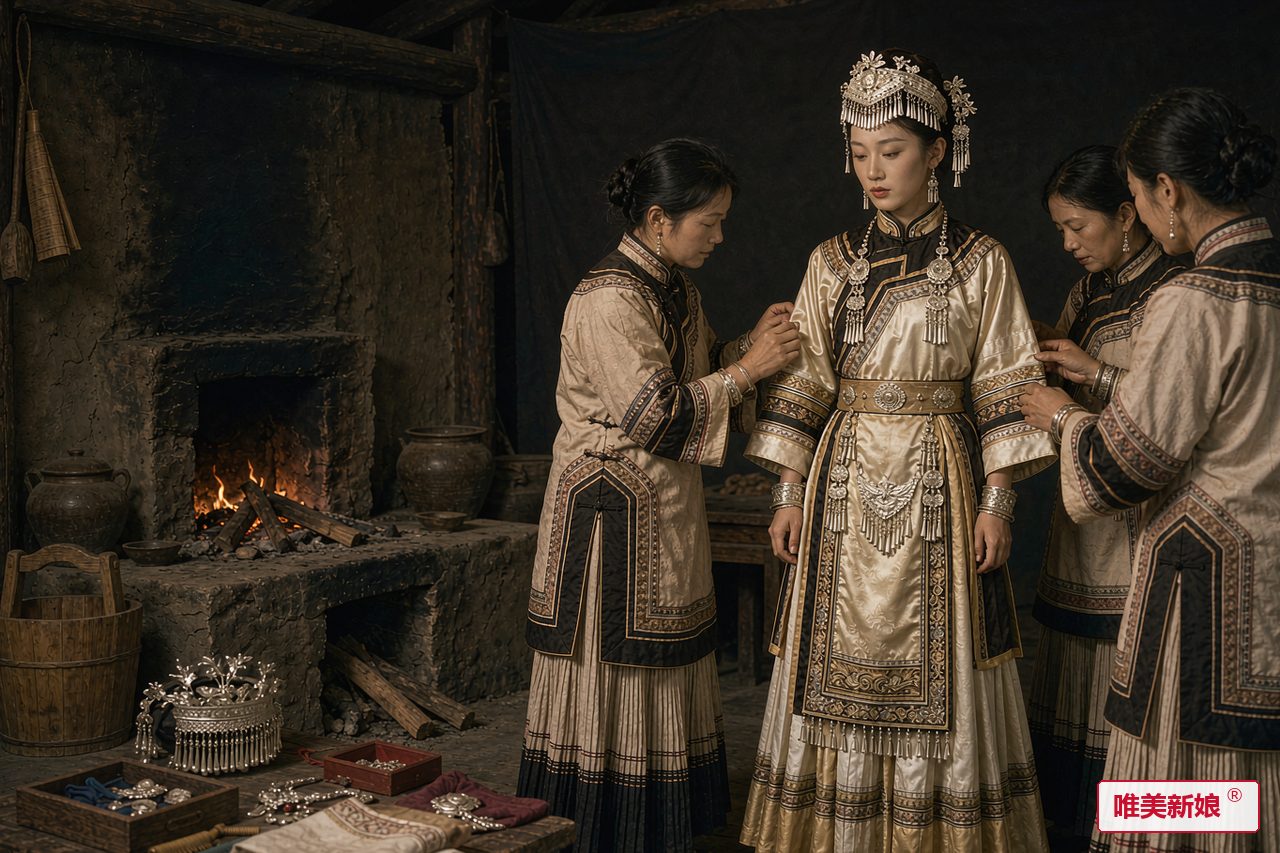 婚礼场景 · 彝族村寨火塘边,新娘着三色嫁衣