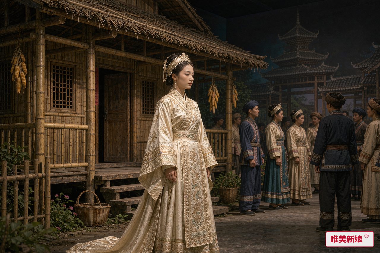 婚礼场景 · 壮乡村寨竹楼前,新娘着壮锦嫁衣侧身